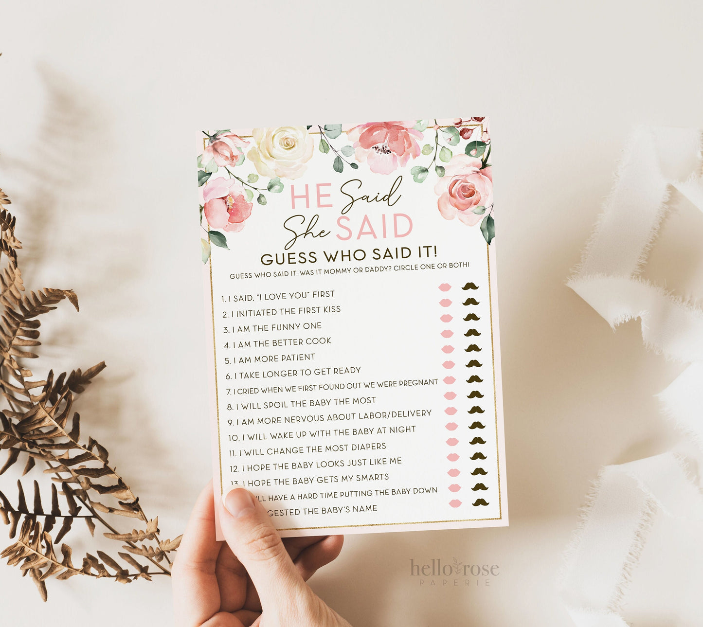 He Said She Said Baby Shower Game . Fun Printable Icebreaker . Floral Watercolor Pink Roses Greenery . Girl Baby Shower . Instant Download