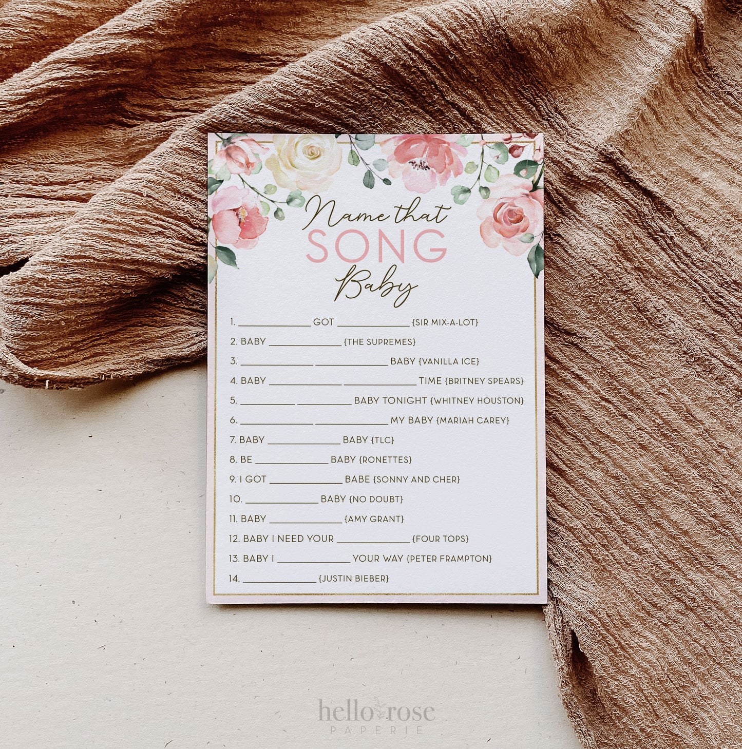 Name That Song Baby Shower Printable Game . Floral Blush Pink Roses Greenery Eucalyptus . Girl Baby Shower . Instant Digital Download