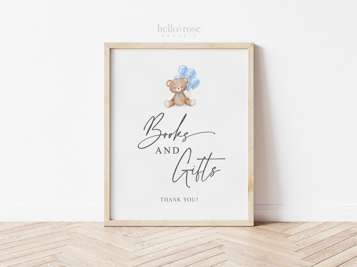 Books and Gifts Printable Baby Shower Sign, Teddy Bear with Blue Balloons, Boy Baby Shower, We Can Bearly Wait, Template Download Templett