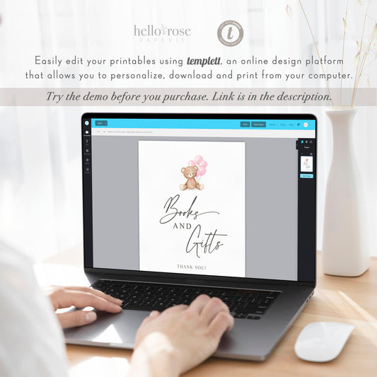 Books and Gifts Printable Baby Shower Sign, Teddy Bear with Pink Balloons, Girl Baby Shower, We Can Bearly Wait, Template Download Templett