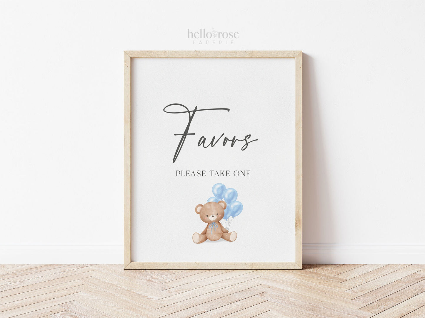 Favors Printable Baby Shower Sign, Teddy Bear with Blue Balloons, Boy Baby Shower, We Can Bearly Wait, Template Download Templett