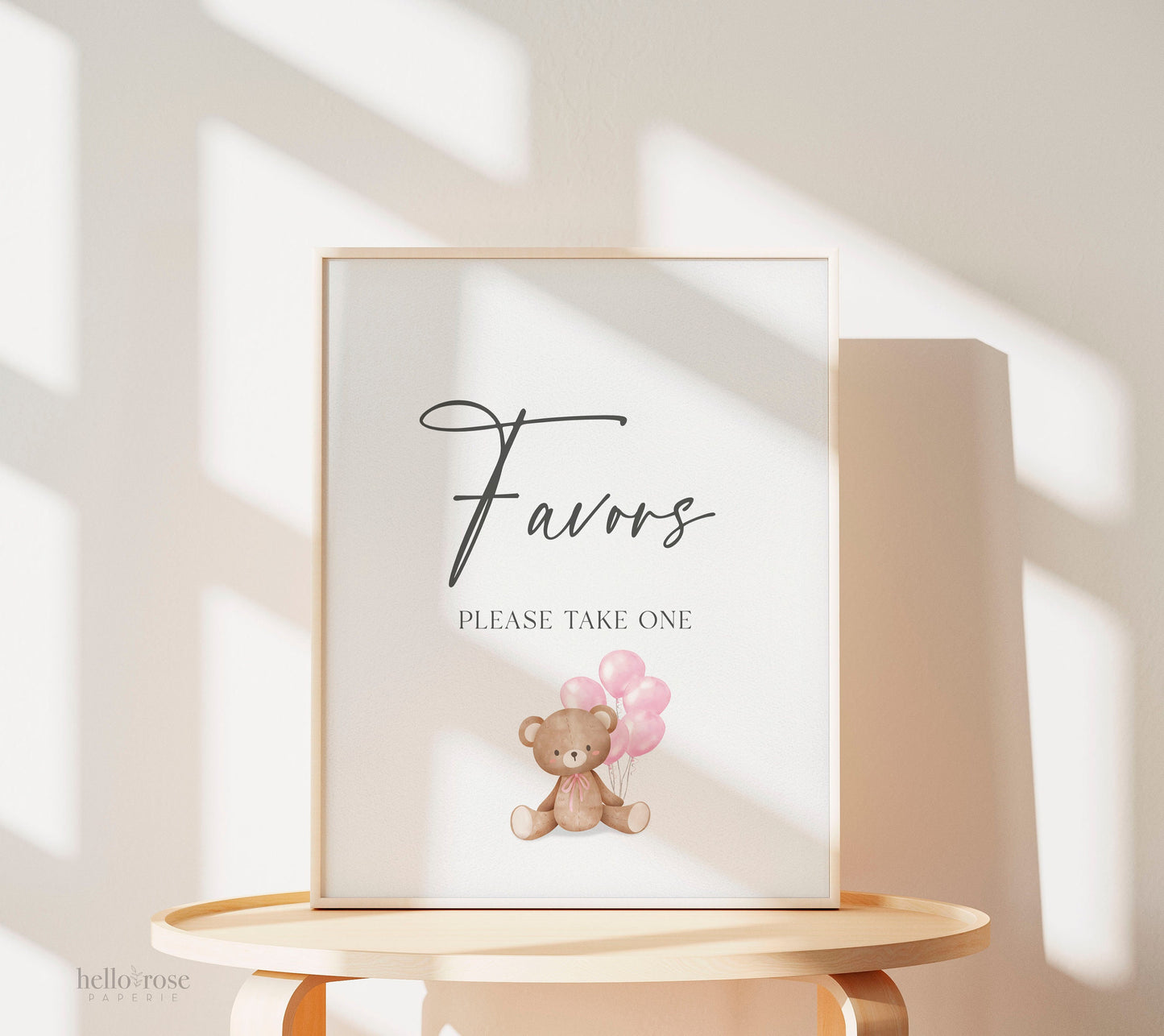 Favors Printable Baby Shower Sign, Teddy Bear with Pink Balloons, Girl Baby Shower, We Can Bearly Wait, Template Download Templett