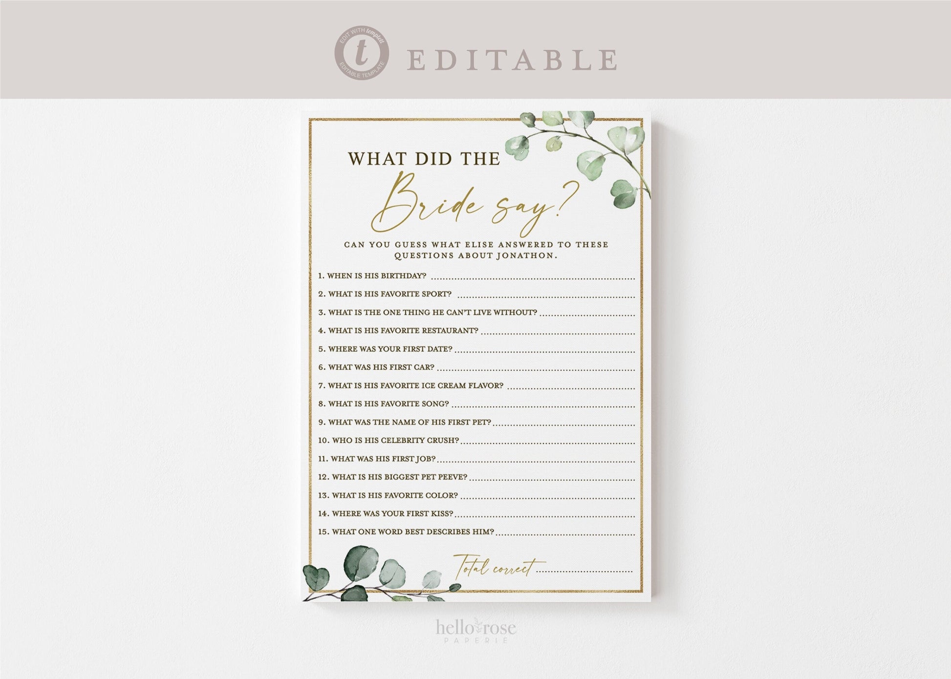 What Did the Bride Say About the Groom Personalized Bridal Shower Game . Greenery PRINTABLE Editable Template Instant Download Templett G2-T