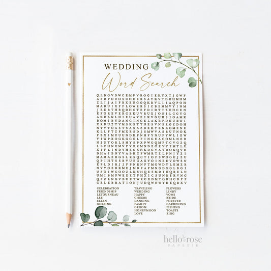 Personalized Wedding Word Search Printable Bridal Shower Custom Printable Game . Greenery Gold . Bachelorette Party . Instant Download G2