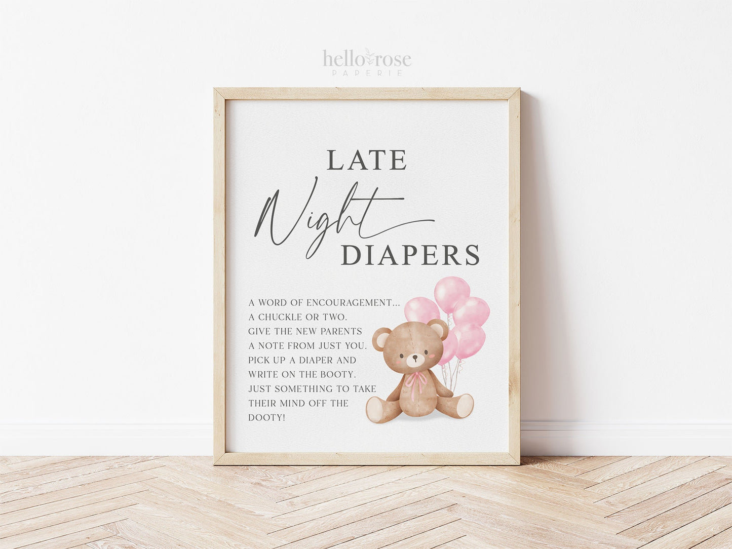 Late Night Diapers Baby Shower Game Sign, Teddy Bear with Pink Balloons, Girl Baby Shower, We Can Bearly Wait, Template Download TEMPLETT