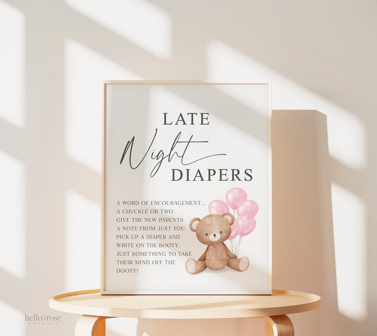 Late Night Diapers Baby Shower Game Sign, Teddy Bear with Pink Balloons, Girl Baby Shower, We Can Bearly Wait, Template Download TEMPLETT