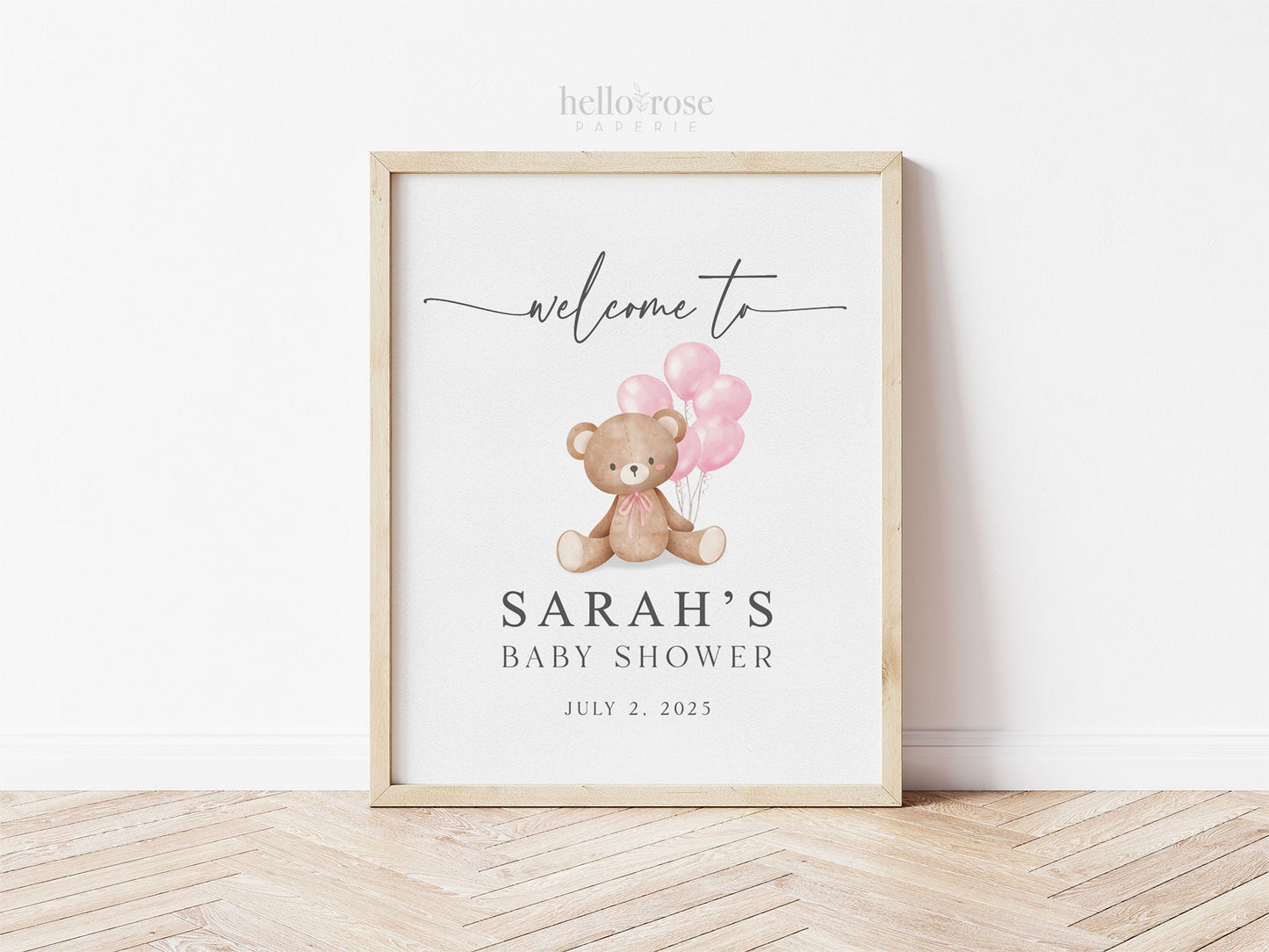 Editable Welcome Sign Teddy Bear with Pink Balloons, Girl Baby Shower, Couples Shower, Baby Sprinkle, We Can Bearly Wait, Template Download