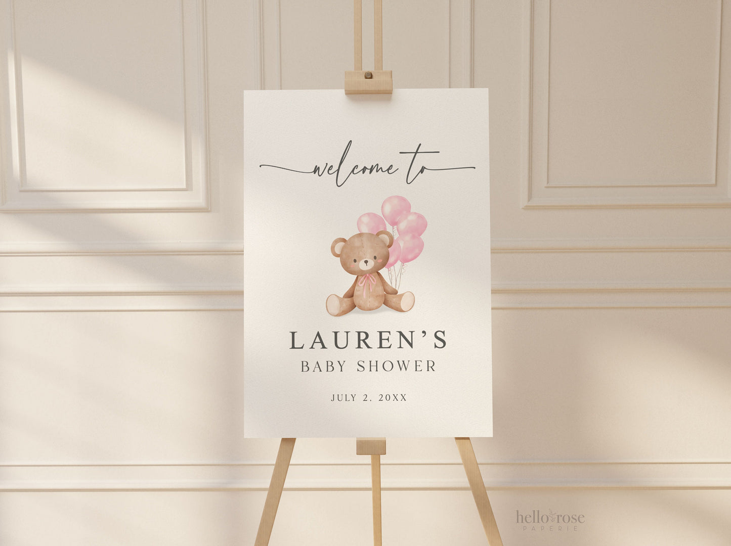 Editable Welcome Sign Teddy Bear with Pink Balloons, Girl Baby Shower, Couples Shower, Baby Sprinkle, We Can Bearly Wait, Template Download