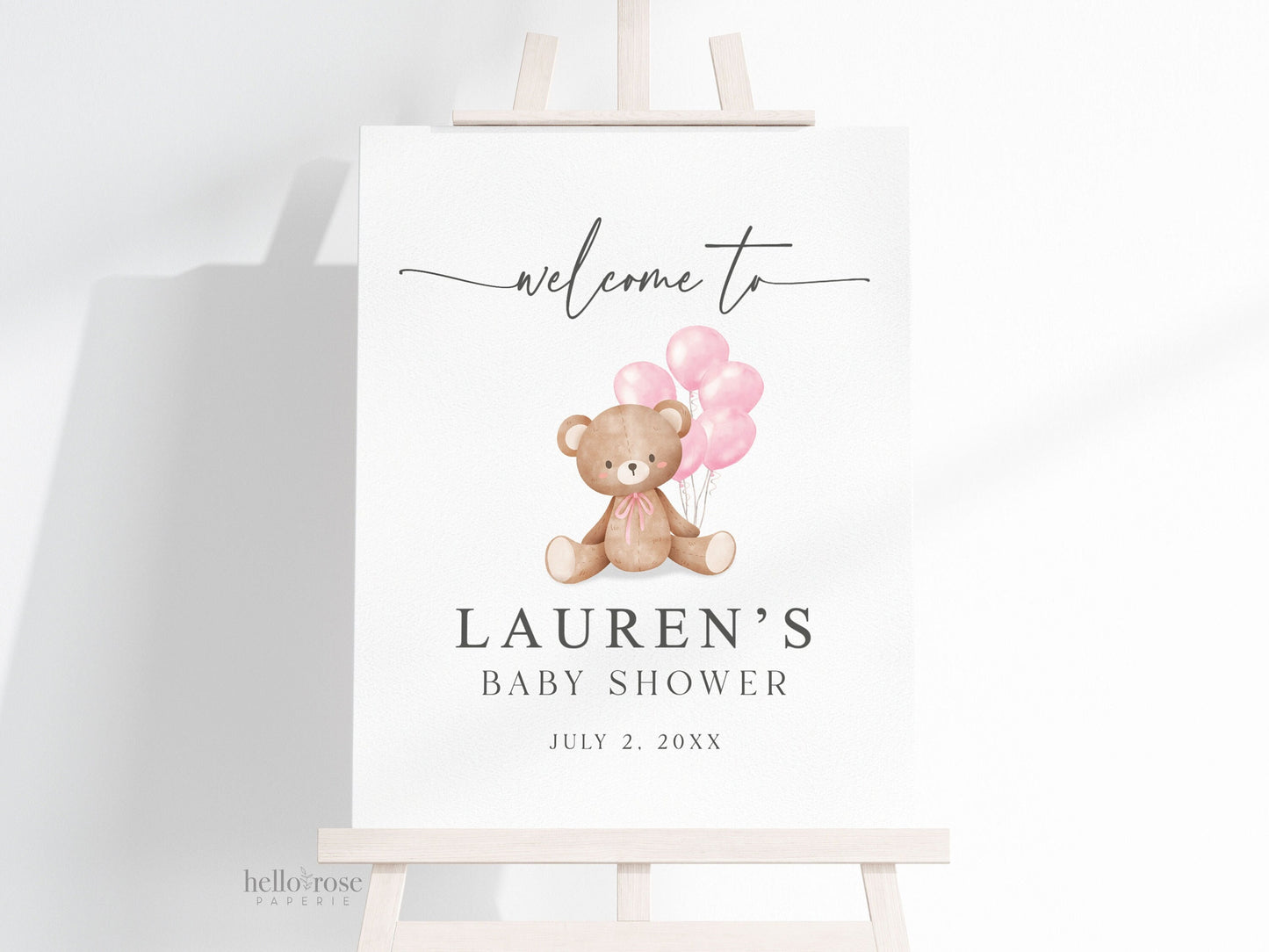 Editable Welcome Sign Teddy Bear with Pink Balloons, Girl Baby Shower, Couples Shower, Baby Sprinkle, We Can Bearly Wait, Template Download