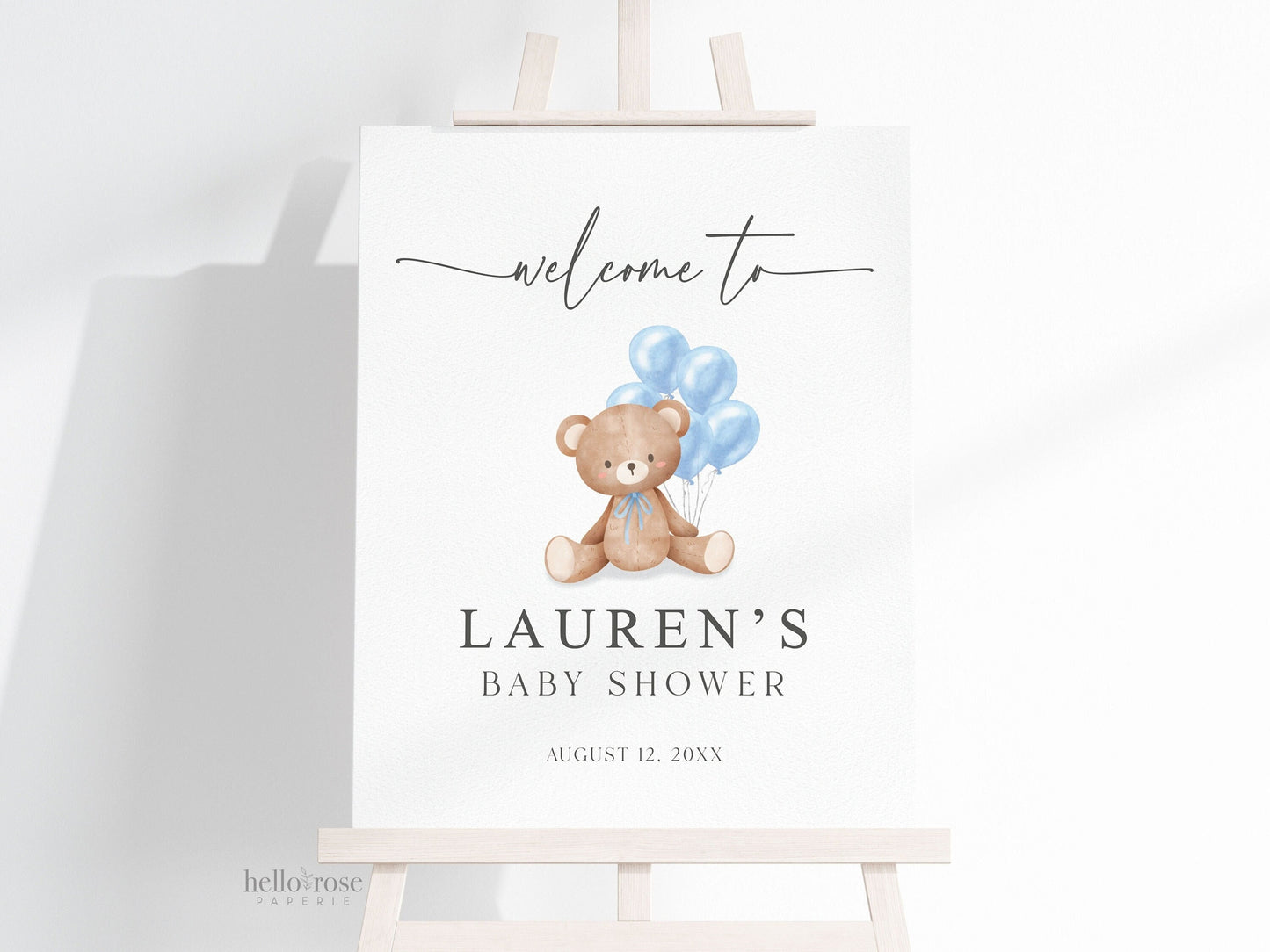 Editable Welcome Sign Teddy Bear with Blue Bow and Balloons, Boy Baby Shower Sprinkle, We Can Bearly Wait, Template Download TEMPLETT
