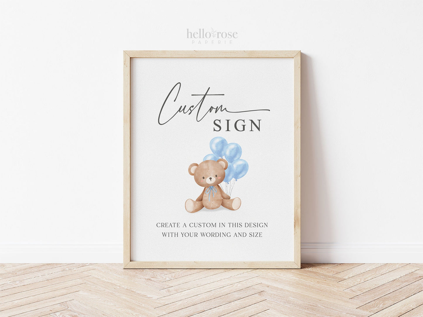 Custom Editable Sign Teddy Bear with Blue Balloons, Boy Baby Shower, Couples Shower, BabySprinkle, We Can Bearly Wait, Template Download