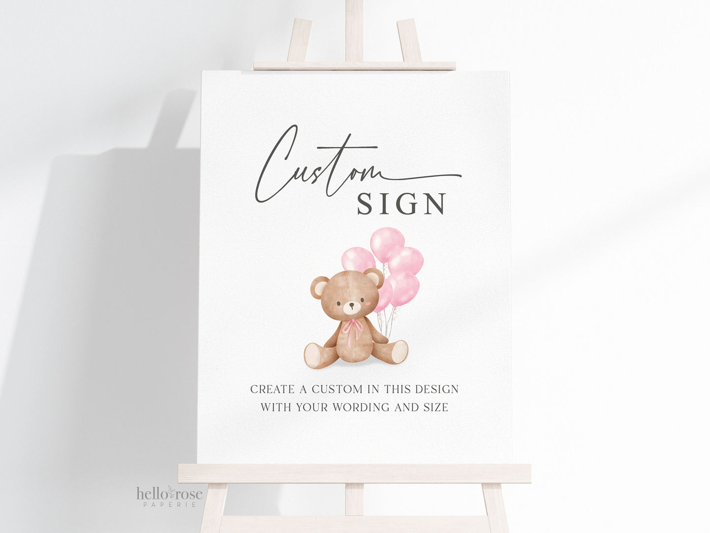 Custom Editable Sign Teddy Bear with Pink Bow and Balloons, Girl Baby Shower Sprinkle, We Can Bearly Wait, Template Download TEMPLETT