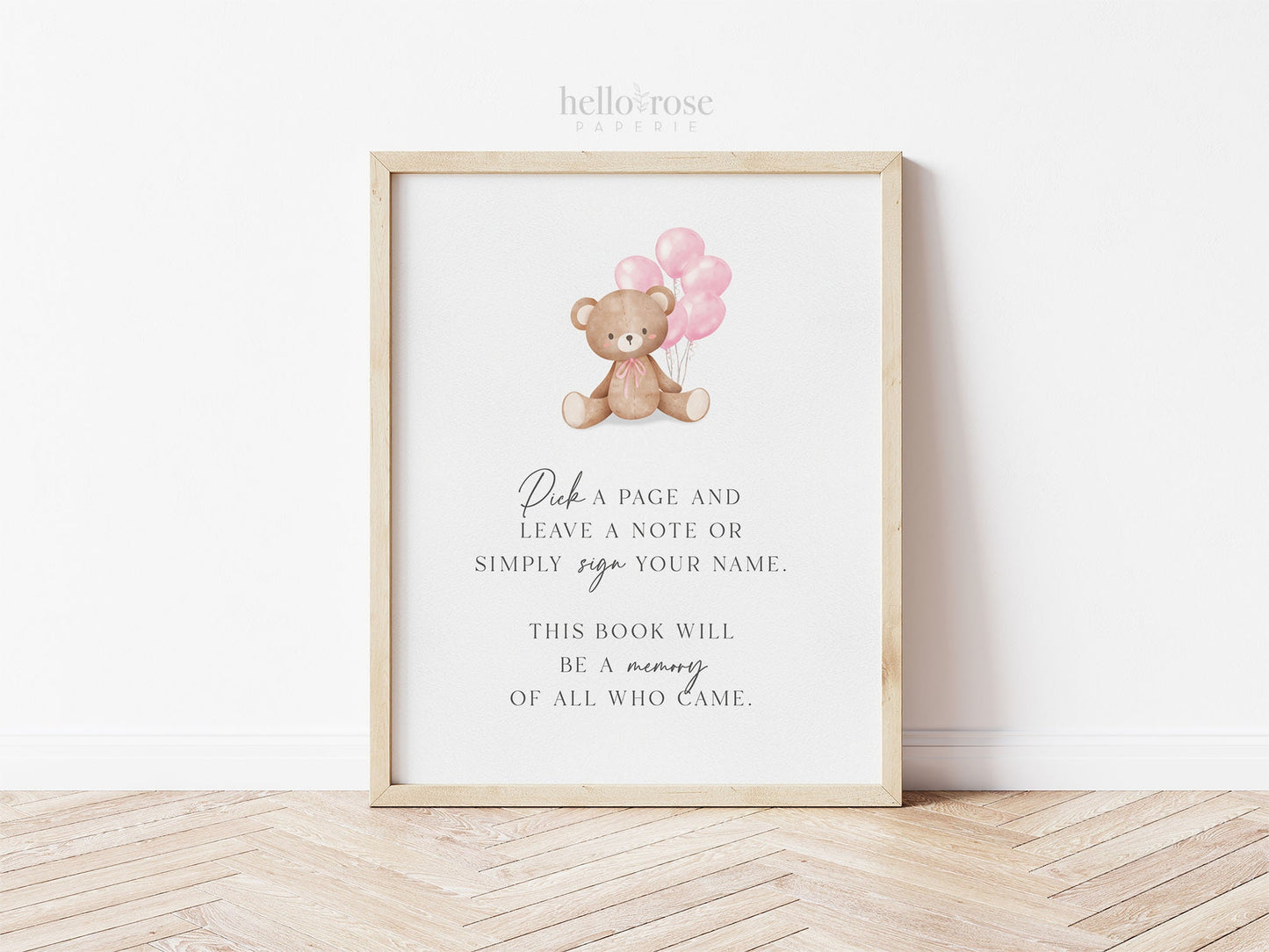 Pick a Page and Leave a Note Memory Baby Shower Guestbook Sign, Bear with Pink Balloons, Girl Baby Shower, Baby Sprinkle, Template Download