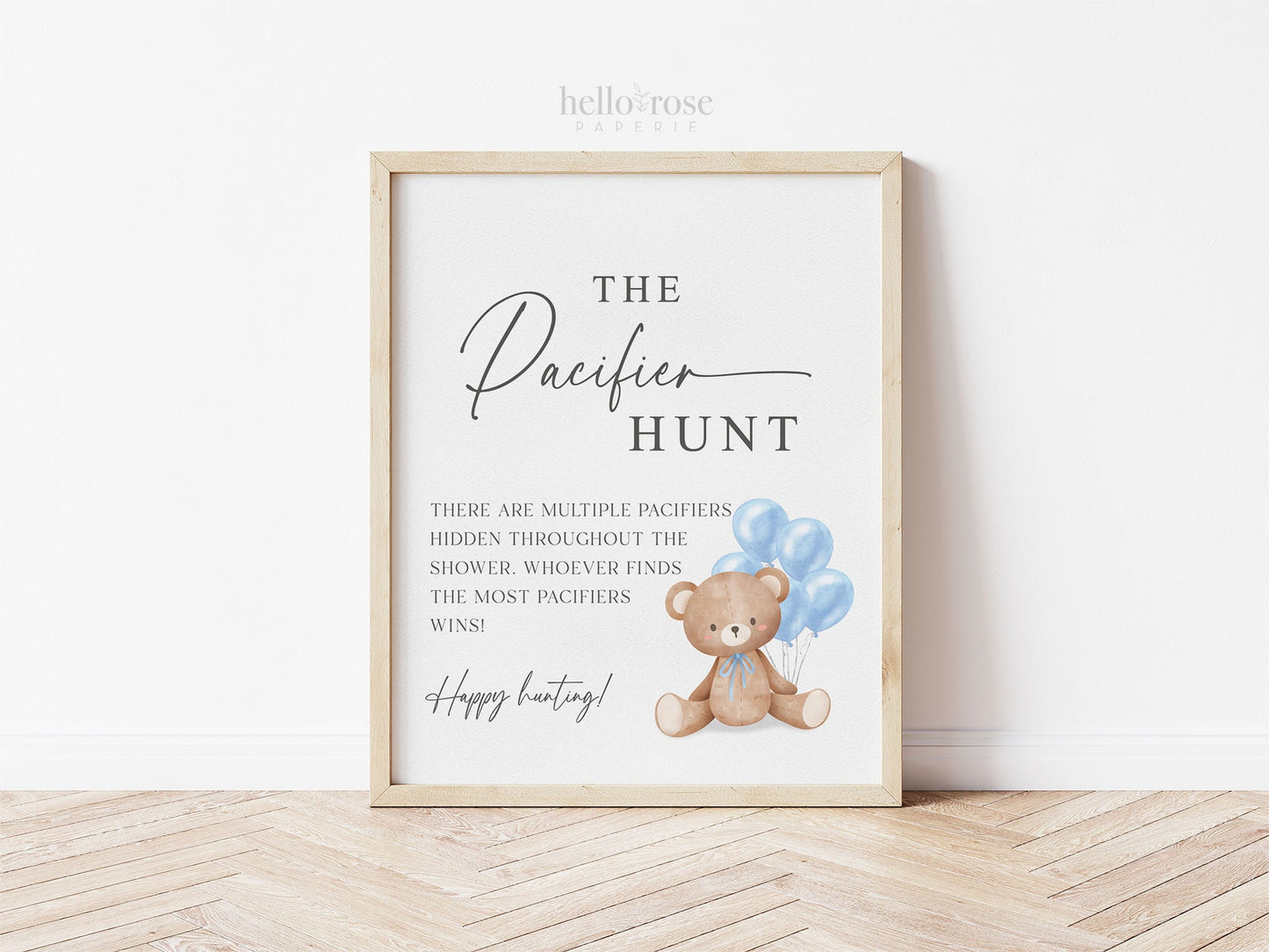 Pacifier Hunt Baby Shower Game Sign, Teddy Bear with Blue Balloons, Boy Baby Shower, Baby Sprinkle, We Can Bearly Wait, Template Download
