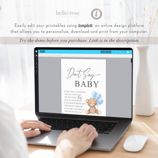 Dont Say Baby Baby Shower Game Sign, Teddy Bear with Blue Balloons, Boy Baby Shower, Baby Sprinkle, We Can Bearly Wait, Template Download
