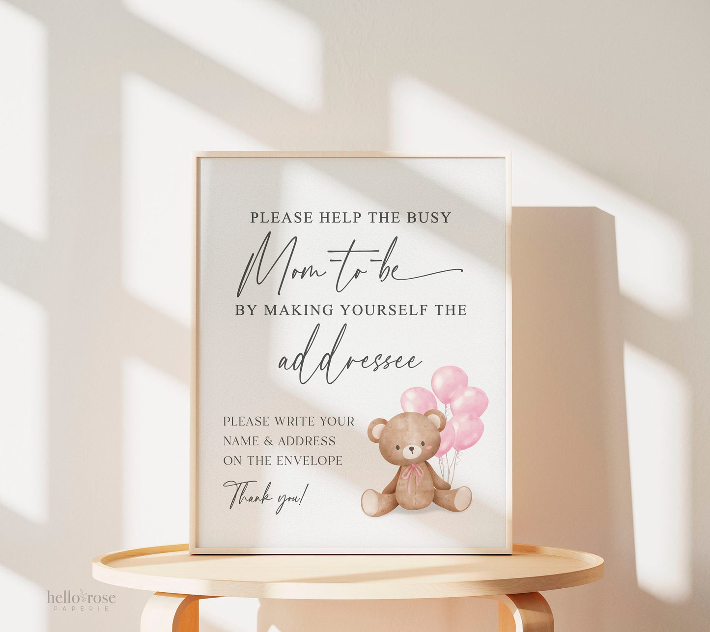 Help the Busy Mom to Be Addressee Baby Shower Envelope Sign, Bear with Pink Balloons, Girl Baby Shower, Baby Sprinkle, Template Download