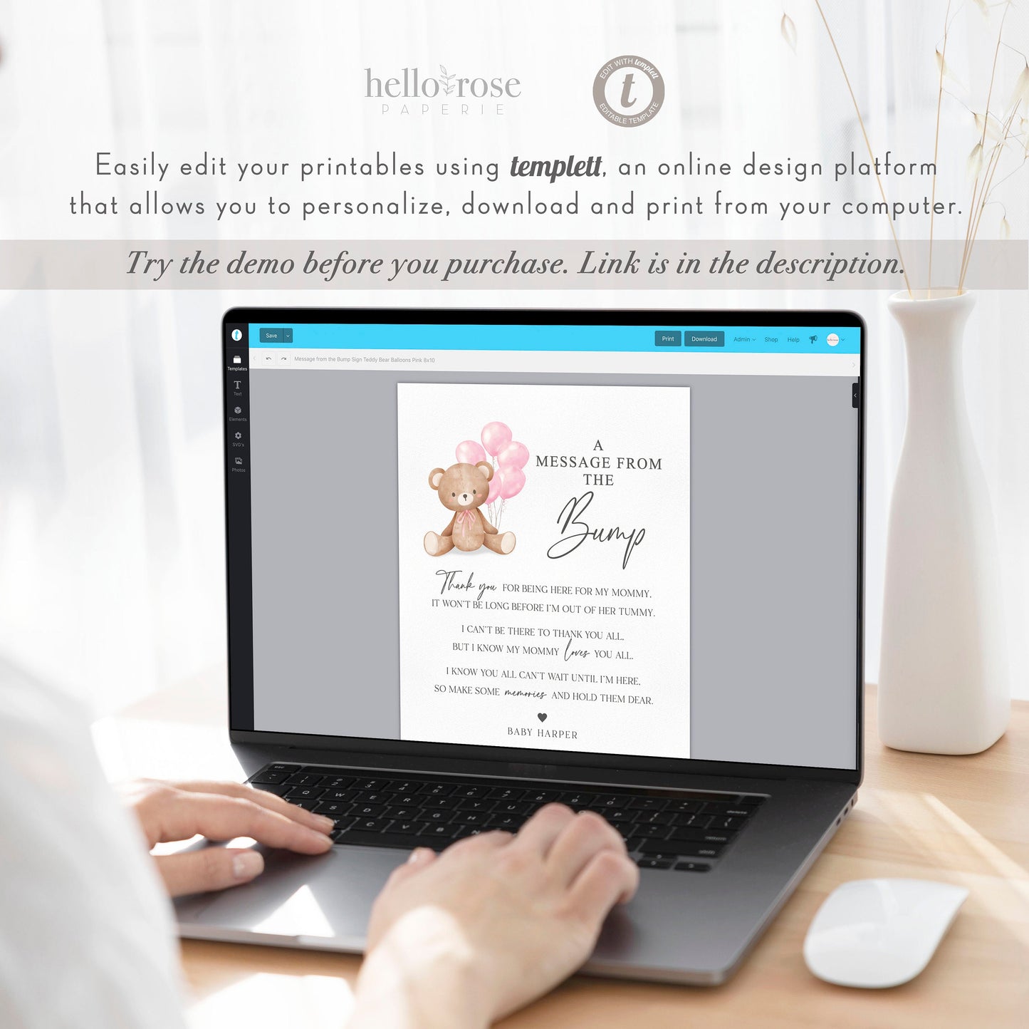 A Message from the Bump Baby Shower Sign, Bump Sign, Message From Baby, Bear Pink Balloons, Girl Baby Shower, PRINTABLE Template Download