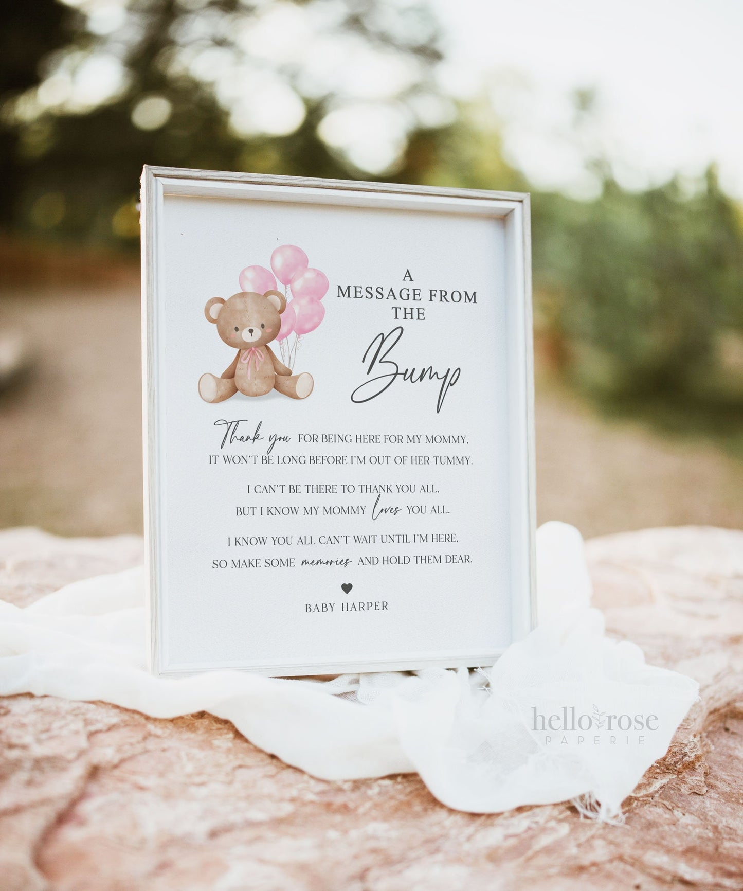 A Message from the Bump Baby Shower Sign, Bump Sign, Message From Baby, Bear Pink Balloons, Girl Baby Shower, PRINTABLE Template Download