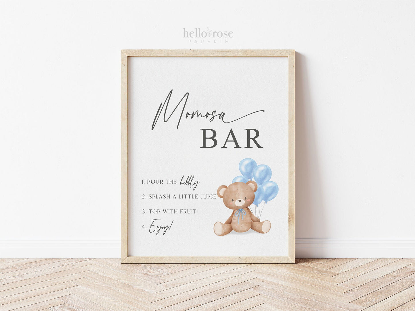 Momosa Bar Sign, Printable Baby Shower Mimosa Bar, Bear with Blue Balloons, Boy Baby Shower, Baby Sprinkle, Template Download Templett