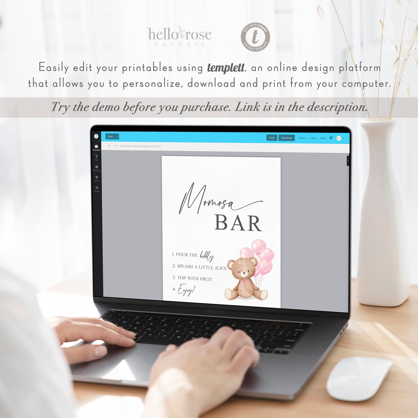 Momosa Bar Sign, Printable Baby Shower Mimosa Bar, Bear with Pink Balloons, Girl Baby Shower, Baby Sprinkle, Template Download Templett