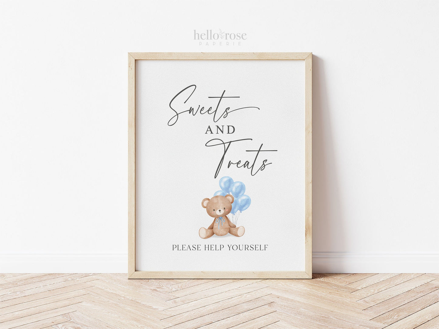 Sweets and Treats Baby Shower Favors Printable Sign, Bear with Blue Balloons, Boy Baby Shower, Baby Sprinkle, Template Download Templett
