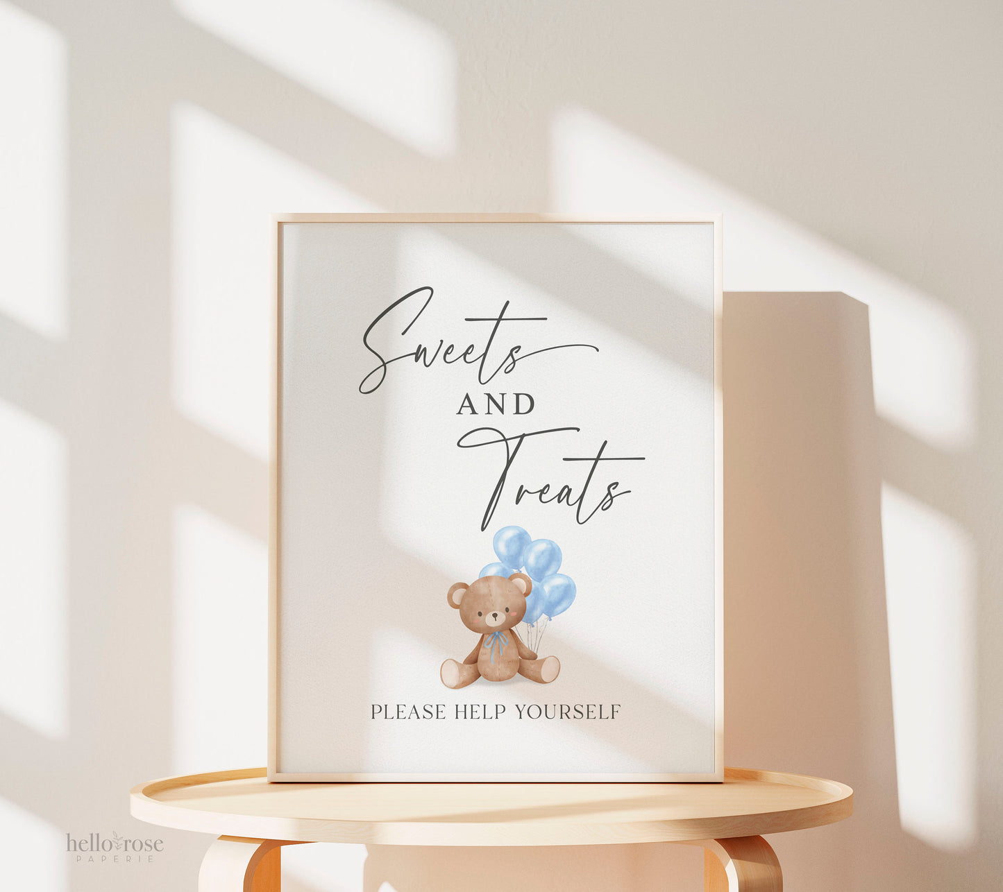 Sweets and Treats Baby Shower Favors Printable Sign, Bear with Blue Balloons, Boy Baby Shower, Baby Sprinkle, Template Download Templett