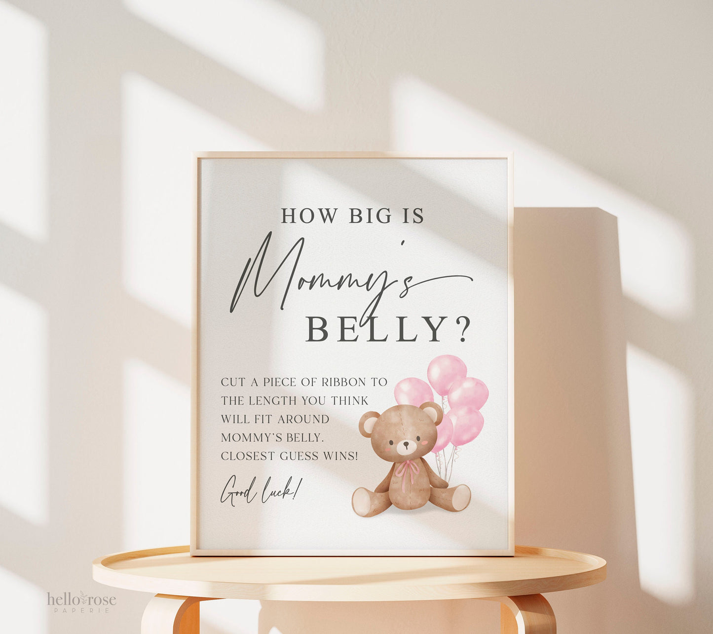 How Big is Mommys Belly Printable Sign + Cards, Teddy Bear with Pink Balloons, Girl Baby Shower, Can Bearly Wait, Template Download Templatt