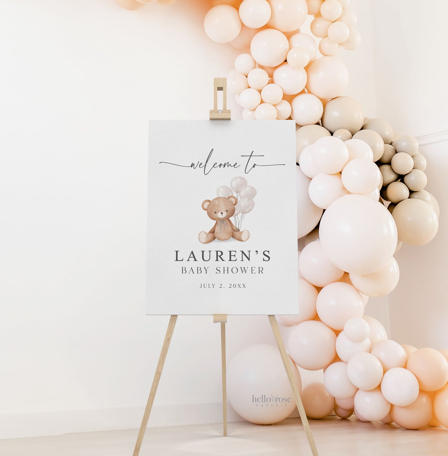 Editable Welcome Sign Teddy Bear with Bow and White Balloons, Girl Boy Neutral Baby Shower Sprinkle, We Can Bearly Wait, Template Download