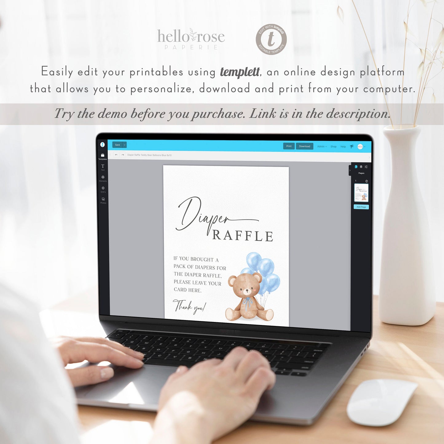 Diaper Raffle Baby Shower Game Sign + Cards, Teddy Bear Boy with Blue Balloons, Couples Shower, Baby Sprinkle, Template Download Templett