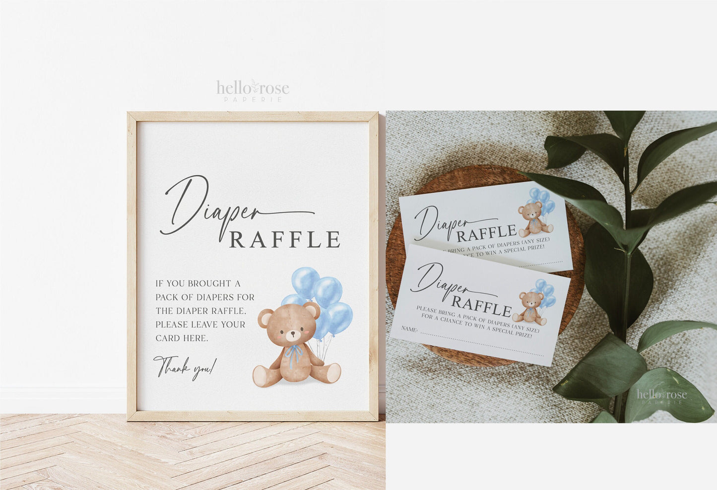Diaper Raffle Baby Shower Game Sign + Cards, Teddy Bear Boy with Blue Balloons, Couples Shower, Baby Sprinkle, Template Download Templett