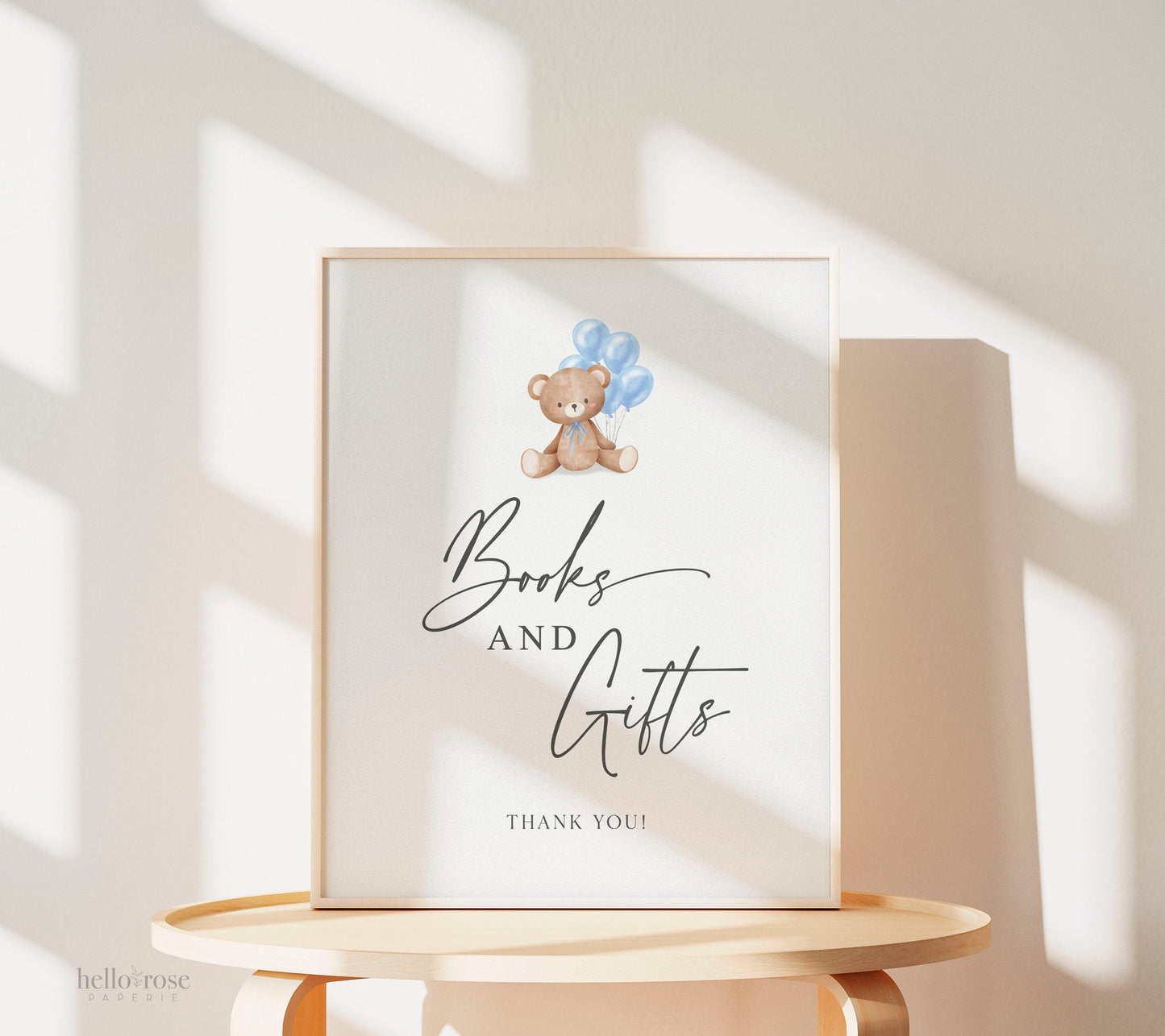 Books and Gifts Printable Baby Shower Sign, Teddy Bear with Blue Balloons, Boy Baby Shower, We Can Bearly Wait, Template Download Templett