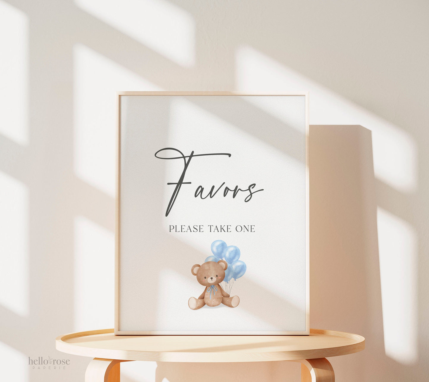 Favors Printable Baby Shower Sign, Teddy Bear with Blue Balloons, Boy Baby Shower, We Can Bearly Wait, Template Download Templett