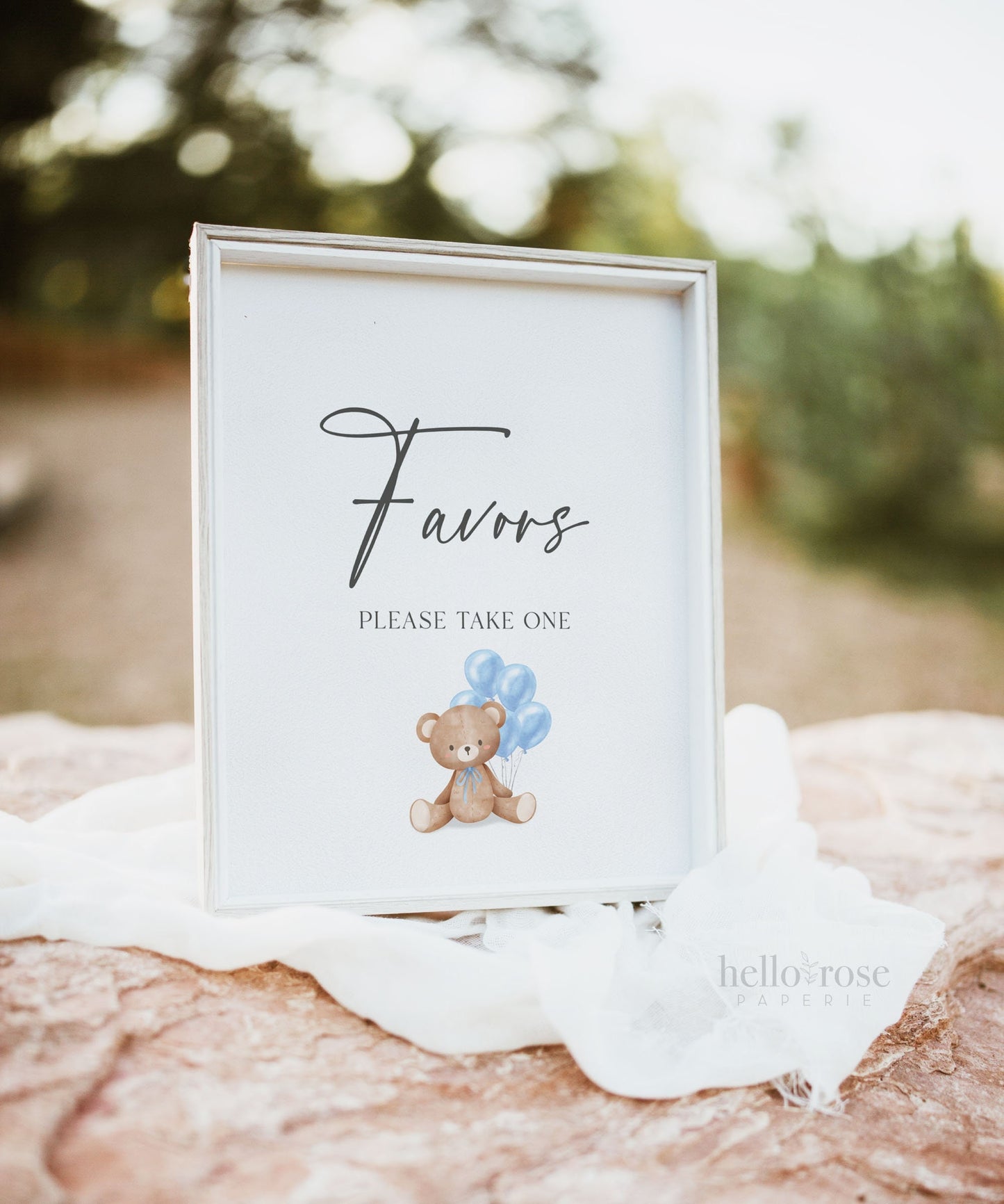 Favors Printable Baby Shower Sign, Teddy Bear with Blue Balloons, Boy Baby Shower, We Can Bearly Wait, Template Download Templett