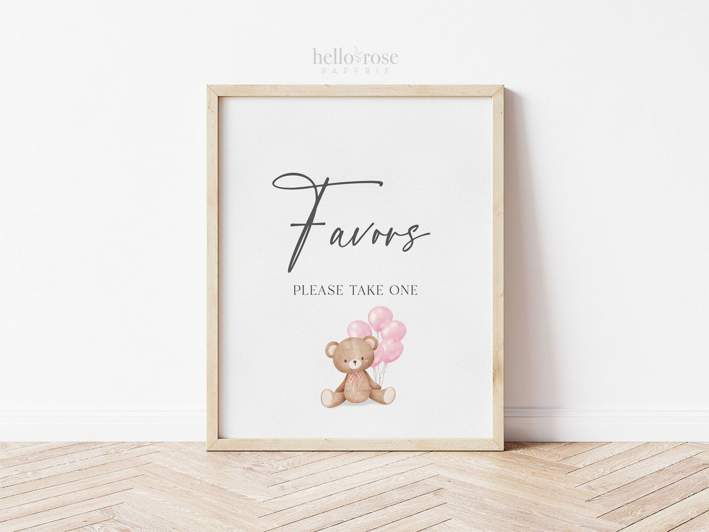 Favors Printable Baby Shower Sign, Teddy Bear with Pink Balloons, Girl Baby Shower, We Can Bearly Wait, Template Download Templett