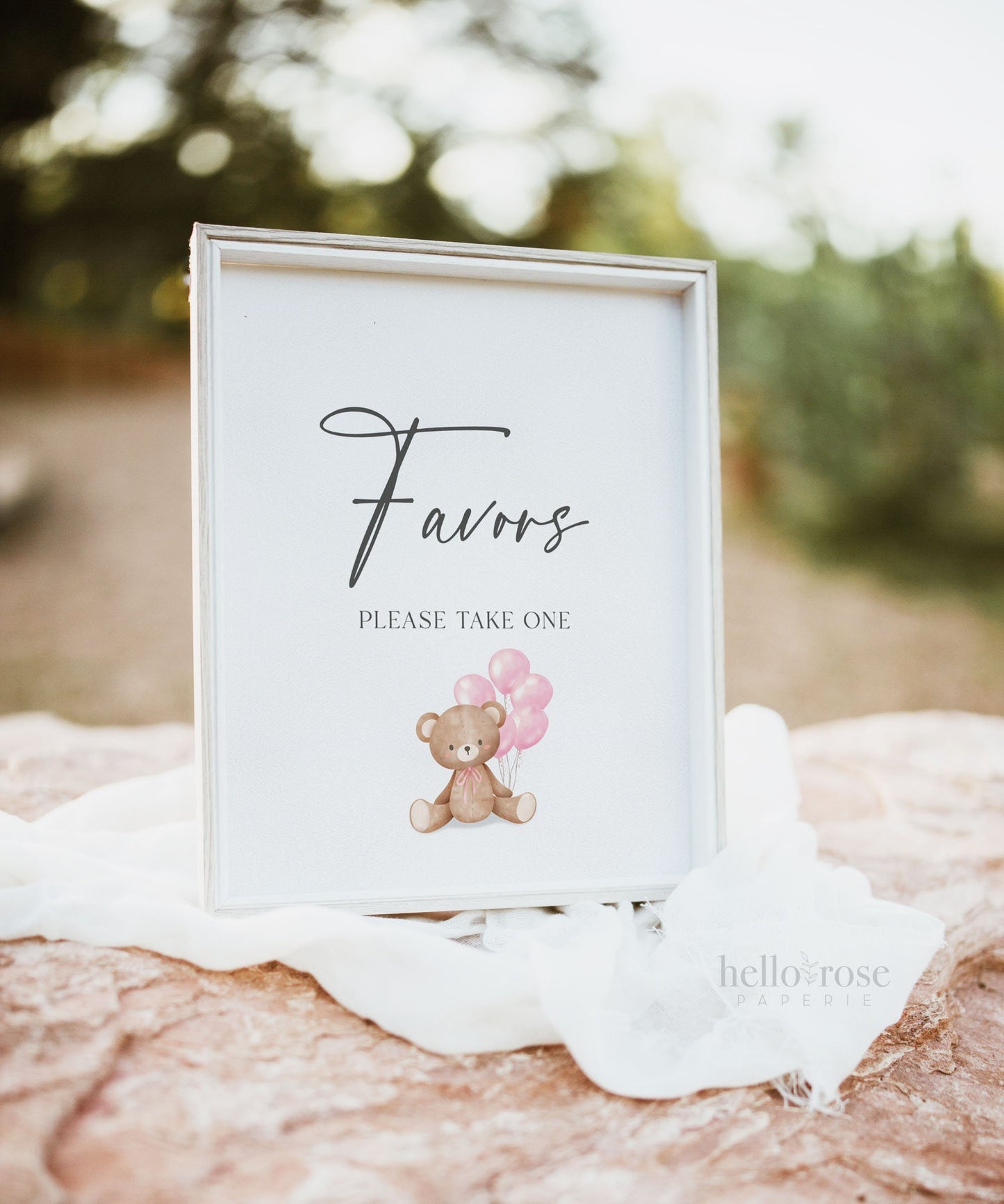 Favors Printable Baby Shower Sign, Teddy Bear with Pink Balloons, Girl Baby Shower, We Can Bearly Wait, Template Download Templett