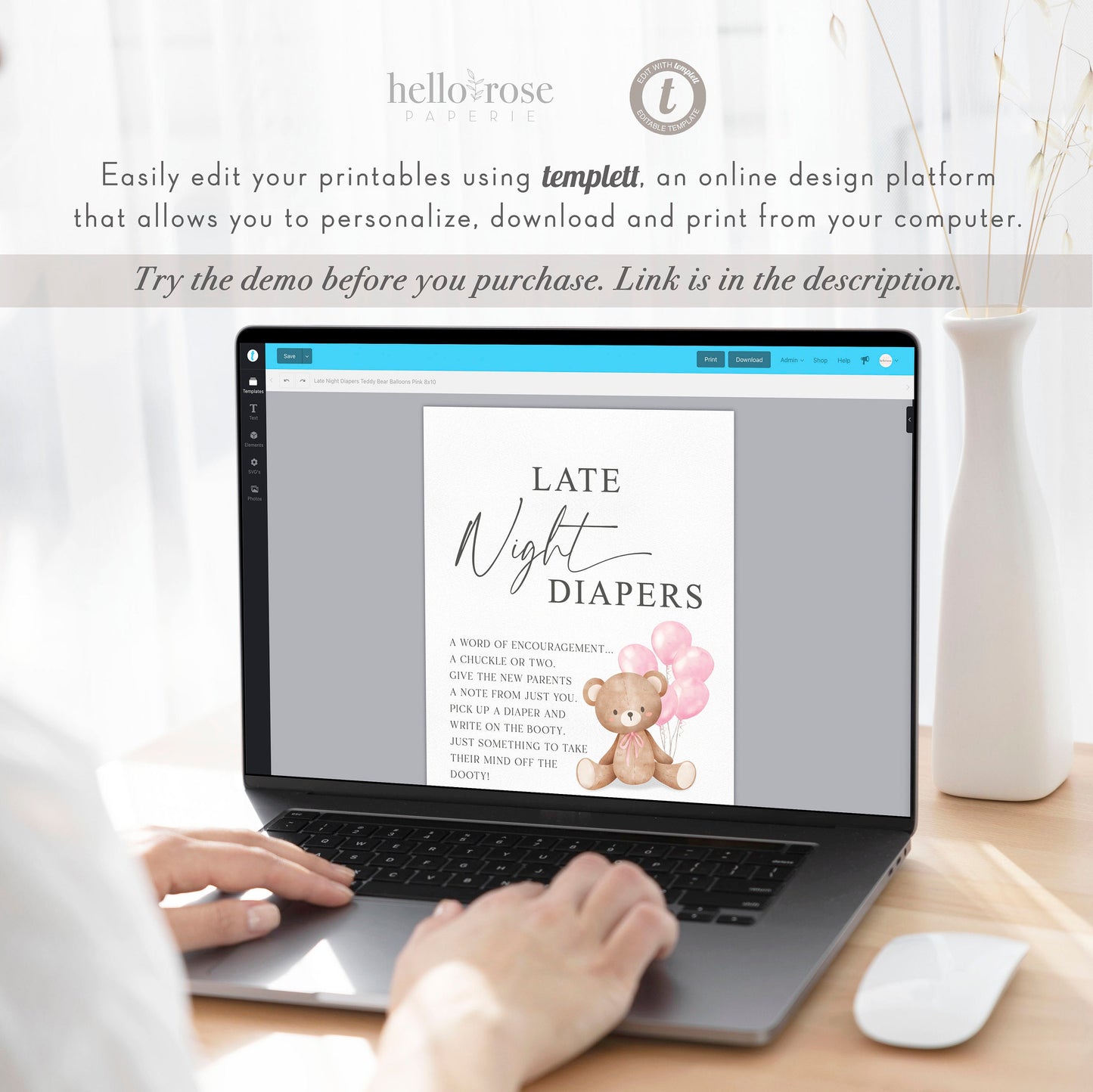 Late Night Diapers Baby Shower Game Sign, Teddy Bear with Pink Balloons, Girl Baby Shower, We Can Bearly Wait, Template Download TEMPLETT