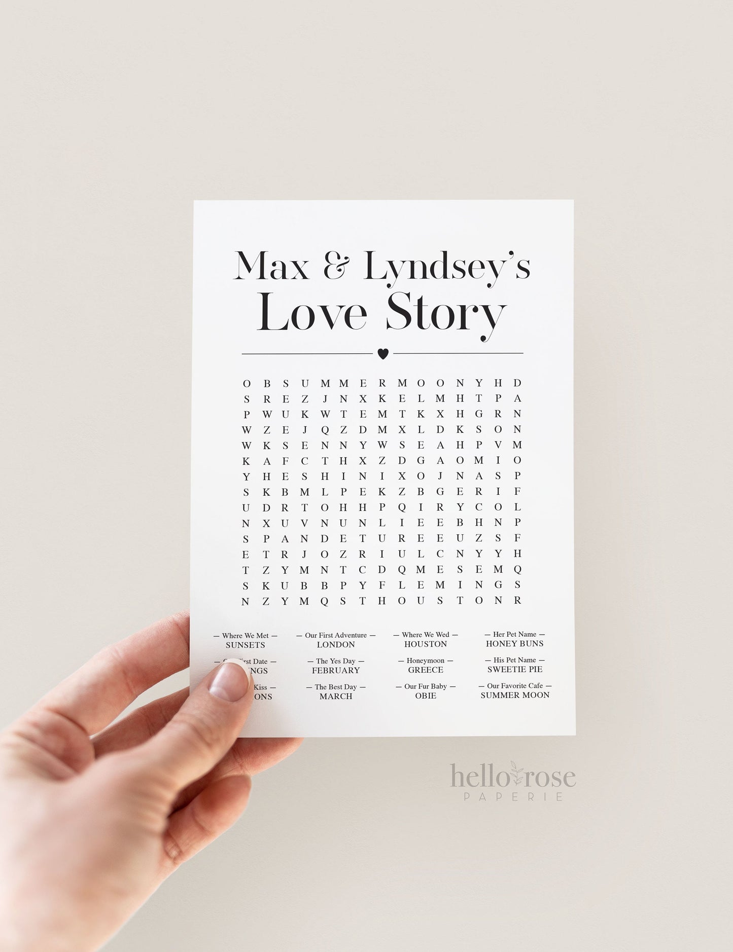 Personalized Love Story Word Search Printable Custom Game . Wedding, Bridal Shower, Engagement Party, Reception, Rehearsal Dinner . Digital