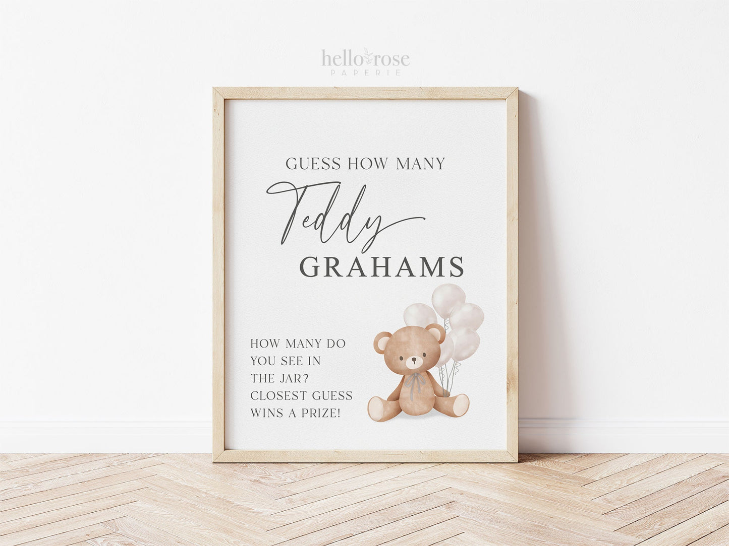 Guess How Many Teddy Grahams Baby Shower Game, Teddy Bear with WHITE Balloons, Gender Neutral, We Can Bearly Wait, Template Download
