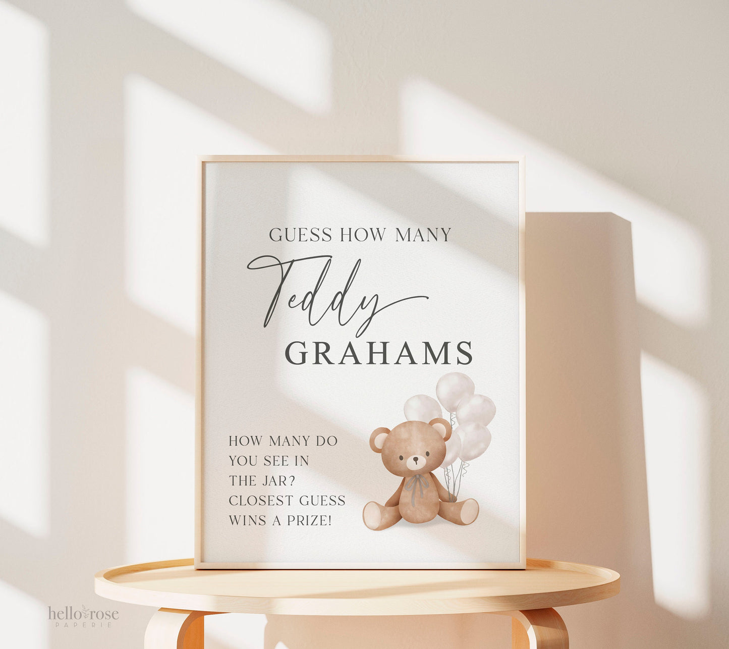Guess How Many Teddy Grahams Baby Shower Game, Teddy Bear with WHITE Balloons, Gender Neutral, We Can Bearly Wait, Template Download