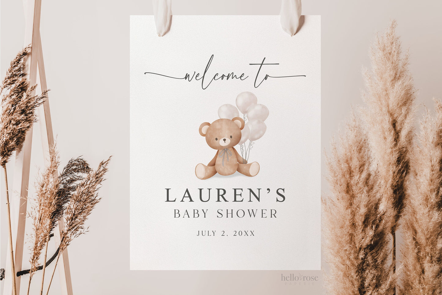 Editable Welcome Sign Teddy Bear with Bow and White Balloons, Girl Boy Neutral Baby Shower Sprinkle, We Can Bearly Wait, Template Download
