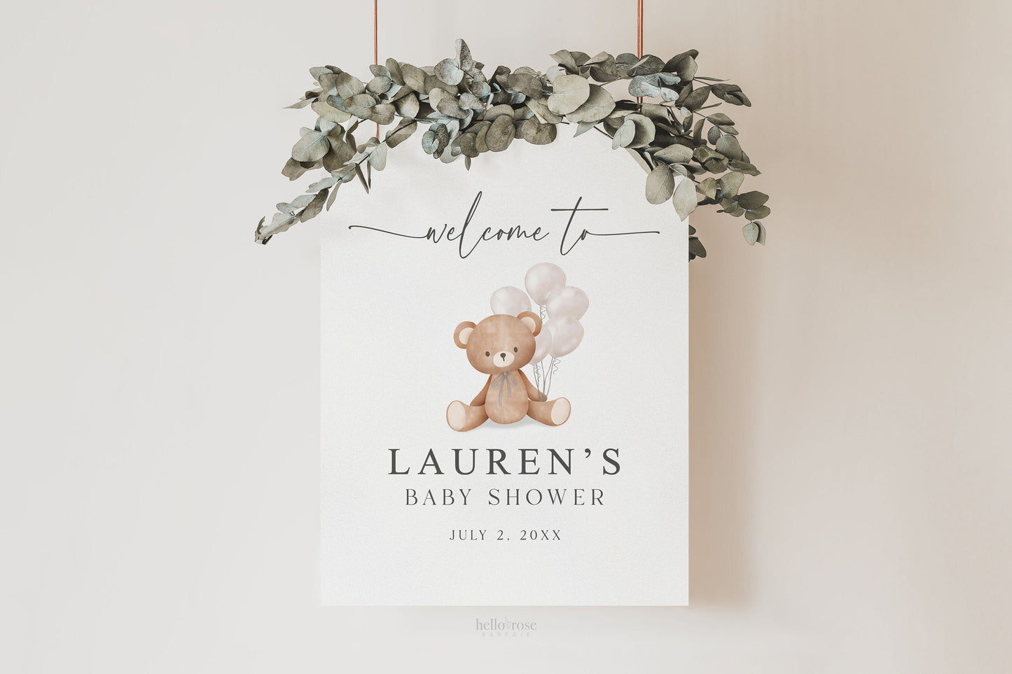 Editable Welcome Sign Teddy Bear with Bow and White Balloons, Girl Boy Neutral Baby Shower Sprinkle, We Can Bearly Wait, Template Download
