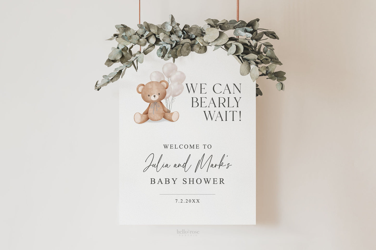 Can Bearly Wait Welcome Baby Shower Sign Bear with Beige Balloons, Girl Boy, Couples Shower, Can Bearly Wait, Editable Download TEMPLETT