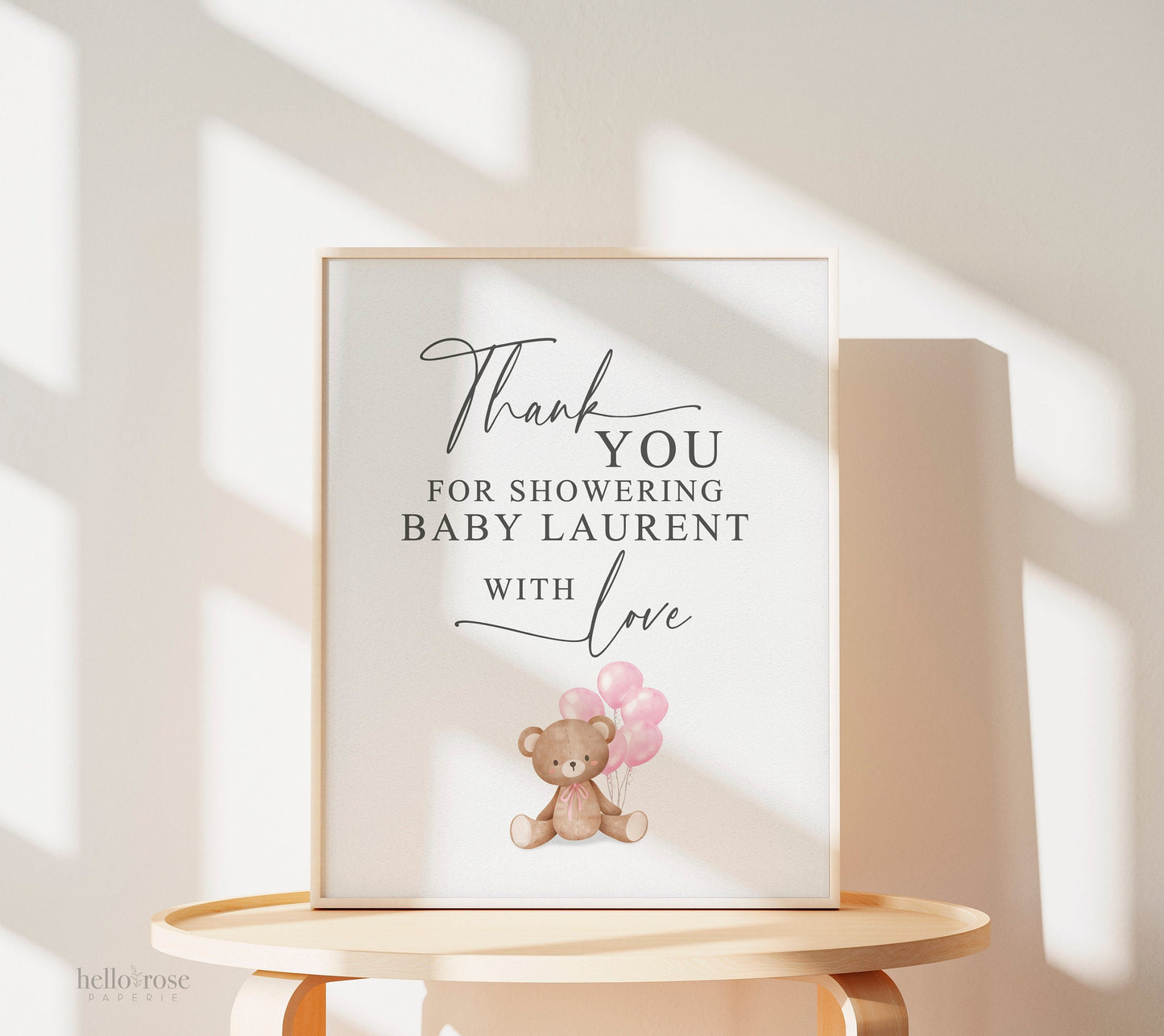 Thank You for Showering Baby with Love Baby Shower Sign, Bear with Pink Balloons, Girl Baby Shower, Sprinkle, Template Download Templett