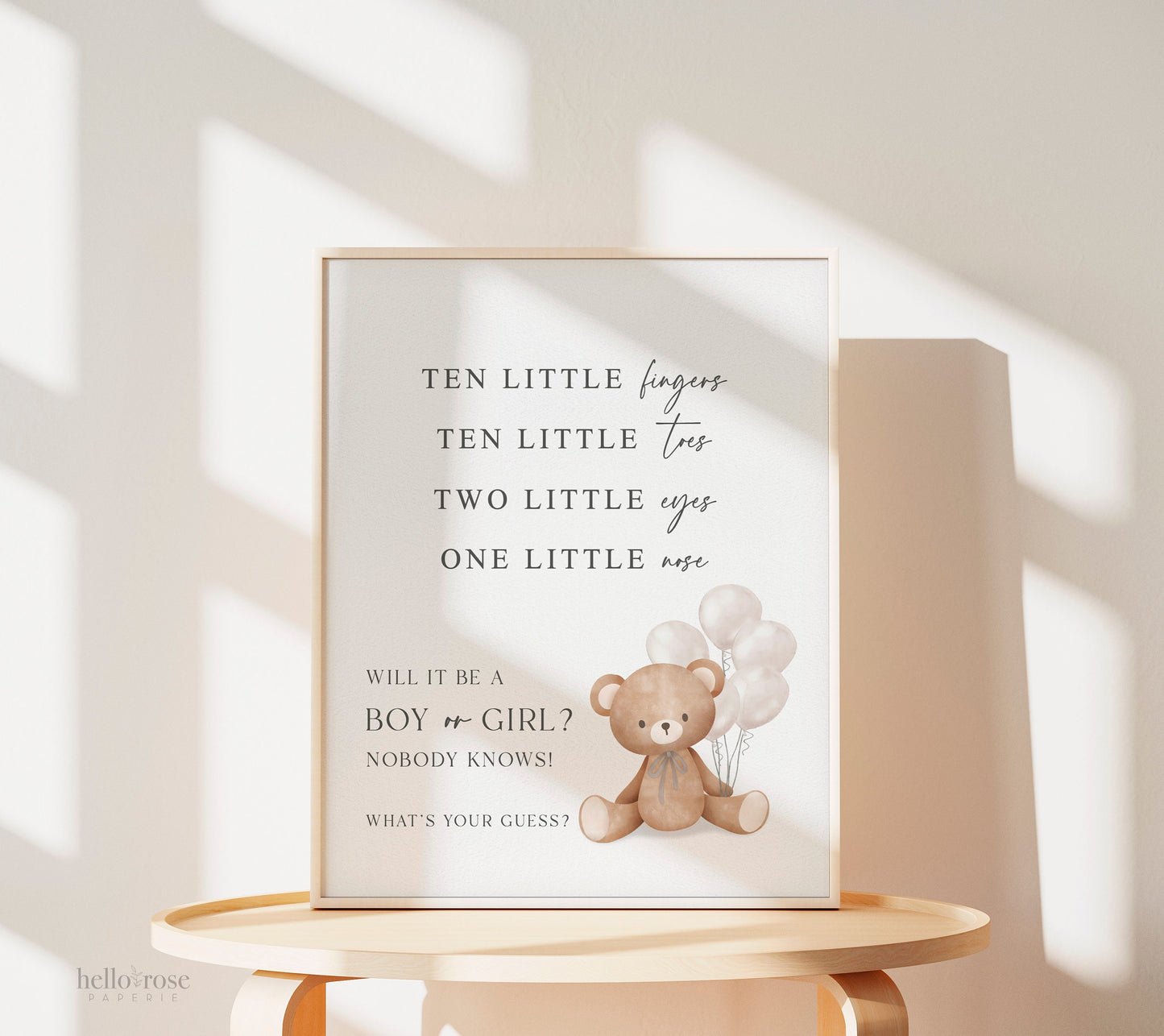 Gender Reveal Ten Little Fingers Toes Sign, What Will Baby Be, Bear with White Balloons, Boy Girl Baby Shower, Template Download Templett