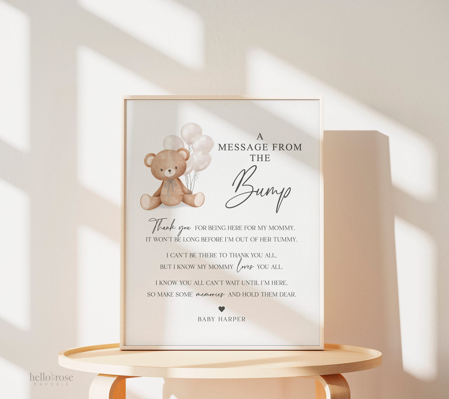 A Message from the Bump Baby Shower Sign, Message From Baby, Bear White Balloons, Girl Boy Baby Shower, PRINTABLE Template Download Templett
