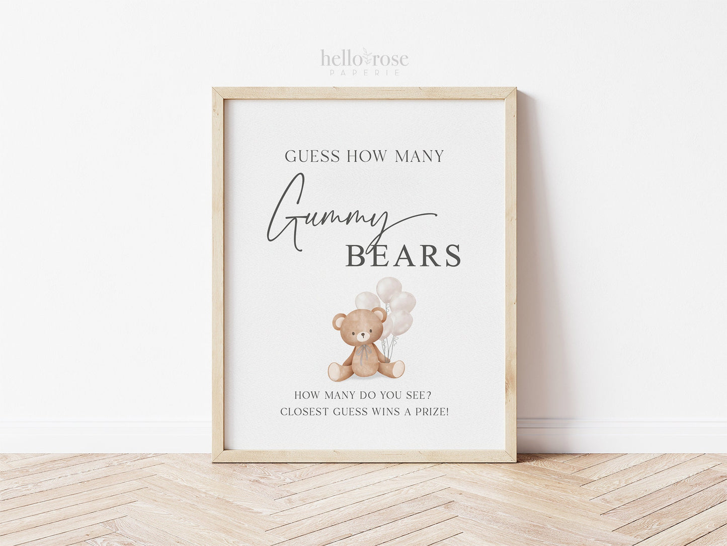 Guess How Many Gummy Bears Baby Shower Game, Teddy Bear with White Balloons, Girl Boy Shower, Baby Sprinkle, Template Download Templett