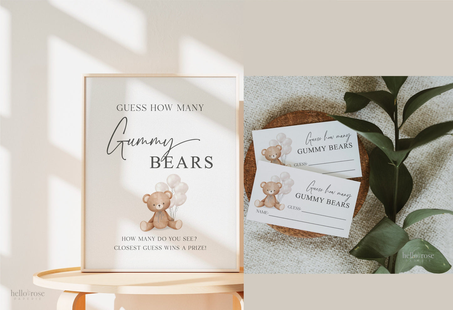 Guess How Many Gummy Bears Baby Shower Game, Teddy Bear with White Balloons, Girl Boy Shower, Baby Sprinkle, Template Download Templett