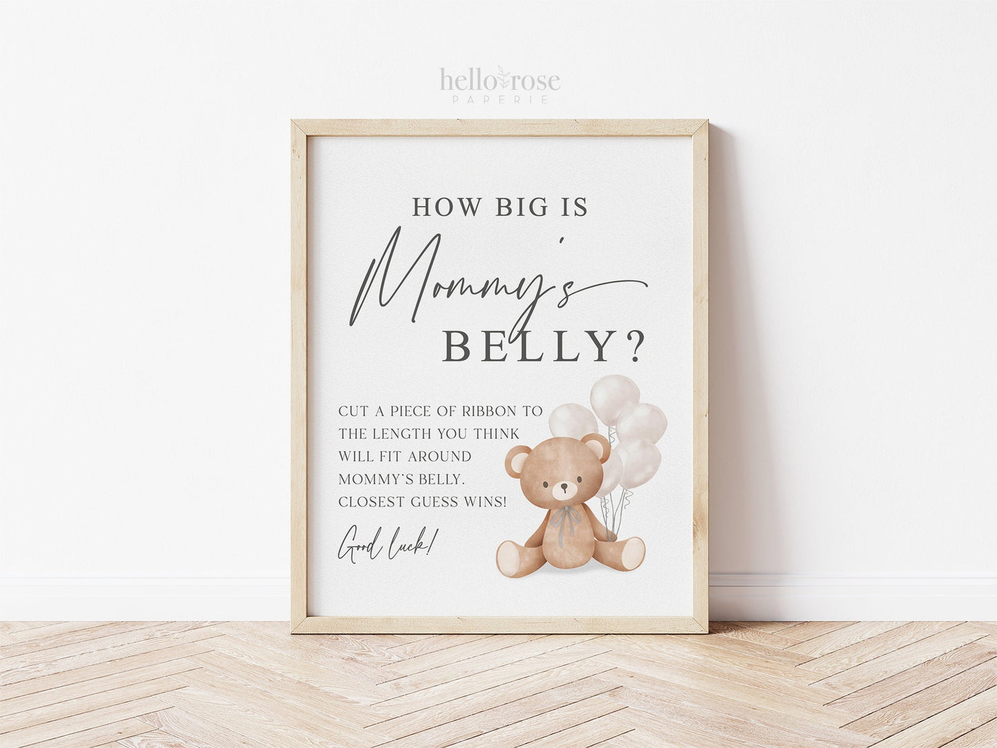 How Big is Mommys Belly Printable Sign + Cards, Teddy Bear with White Balloons, Boy Girl Baby, Can Bearly Wait, Template Download Templett