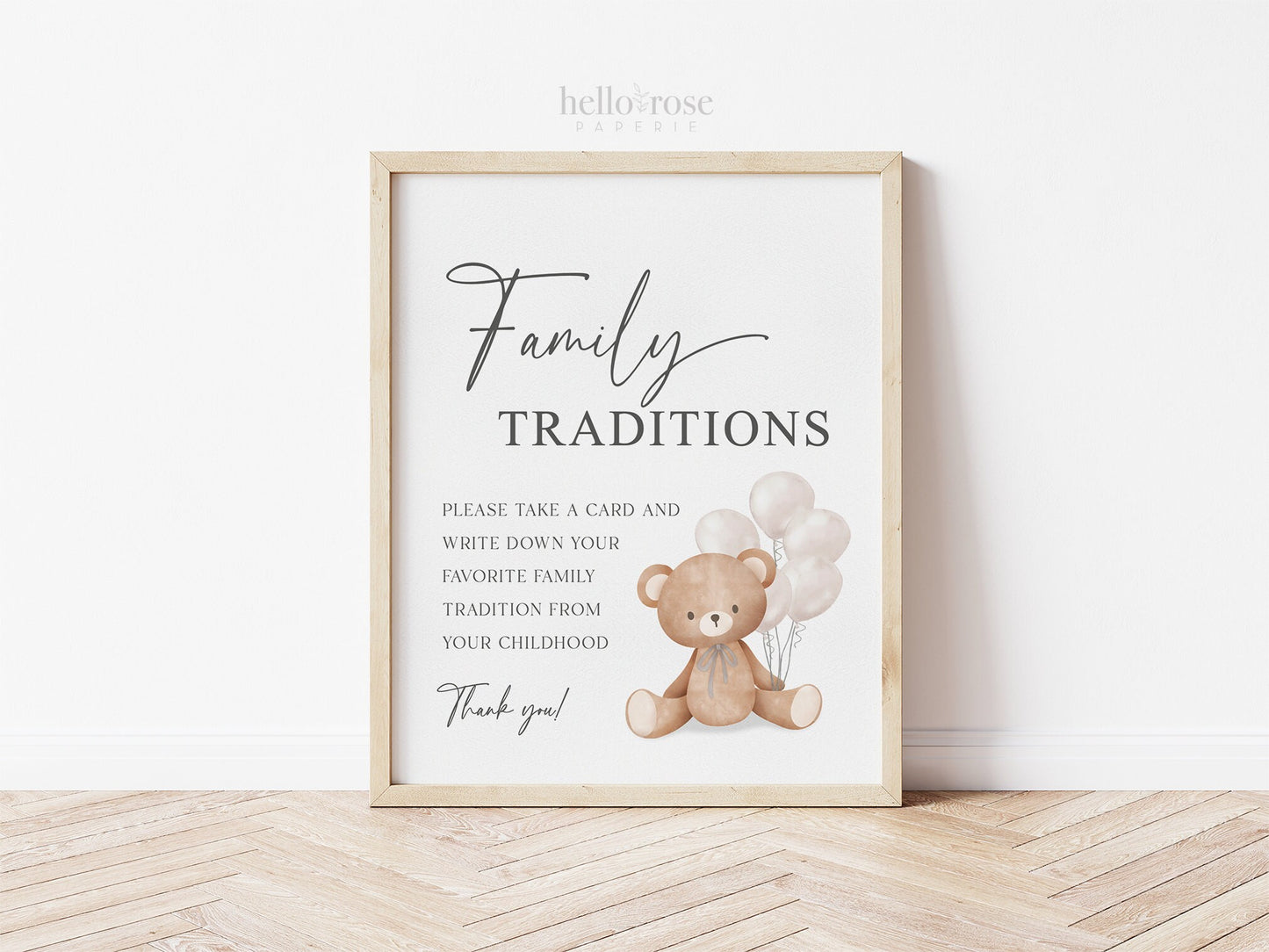 Family Traditions Baby Shower Printable Sign + Cards, Teddy Bear with White Balloons, Boy Girl, Can Bearly Wait, Template Download Templett