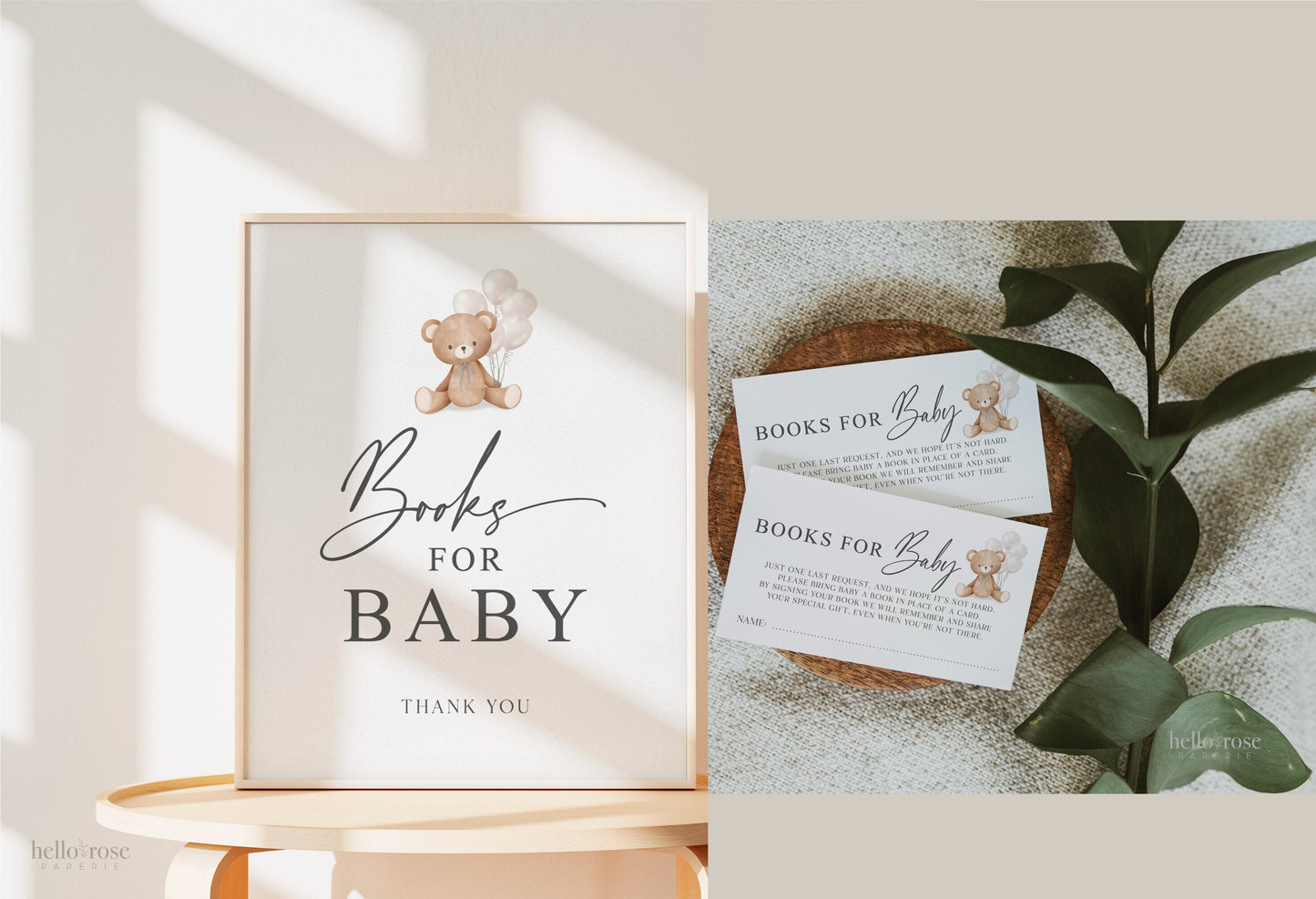 Books for Baby Printable Sign and Cards, Teddy Bear with White Balloons, Boy Girl Baby, Couples Shower, Can Bearly Wait, Template Download